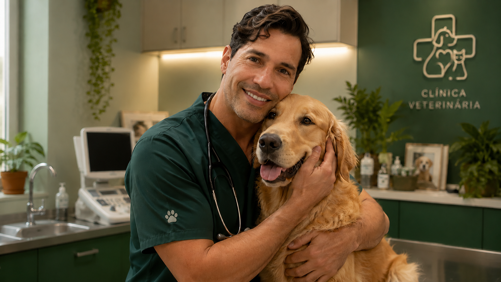 Veterinário abraçando um cachorro golden retriever na Veterinária Costa Verde